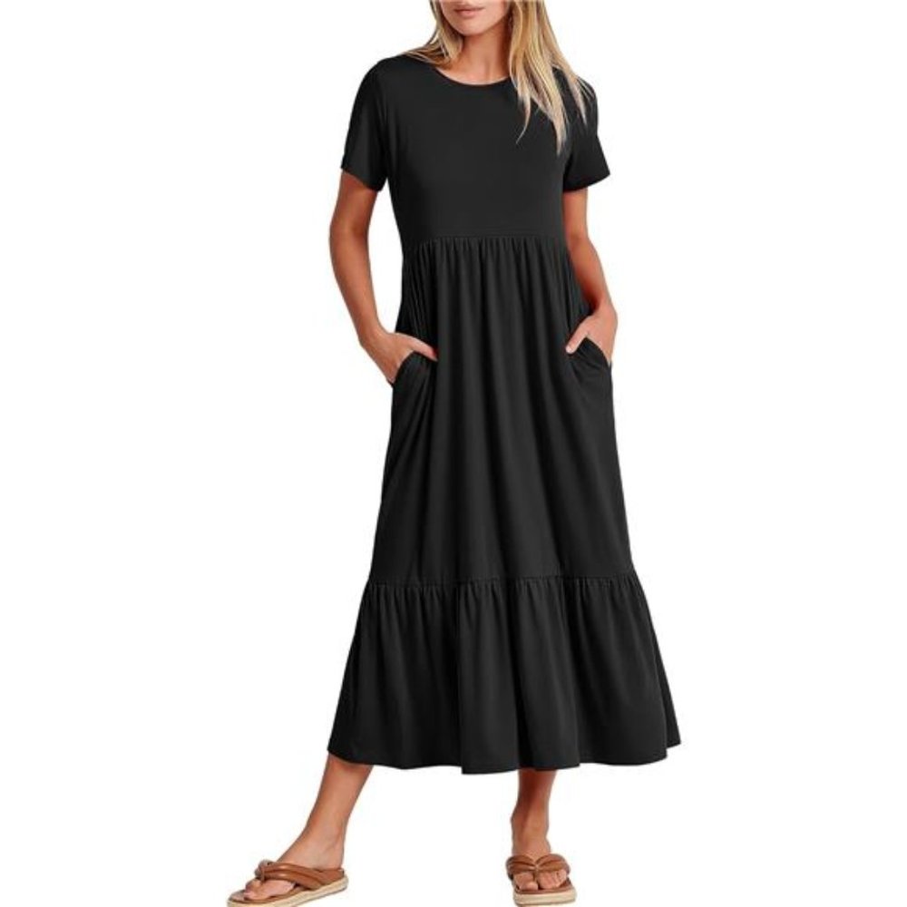 ANRABESS Women Summer Casual Short Sleeve Crewneck Aline Swing Flowy Tiered
